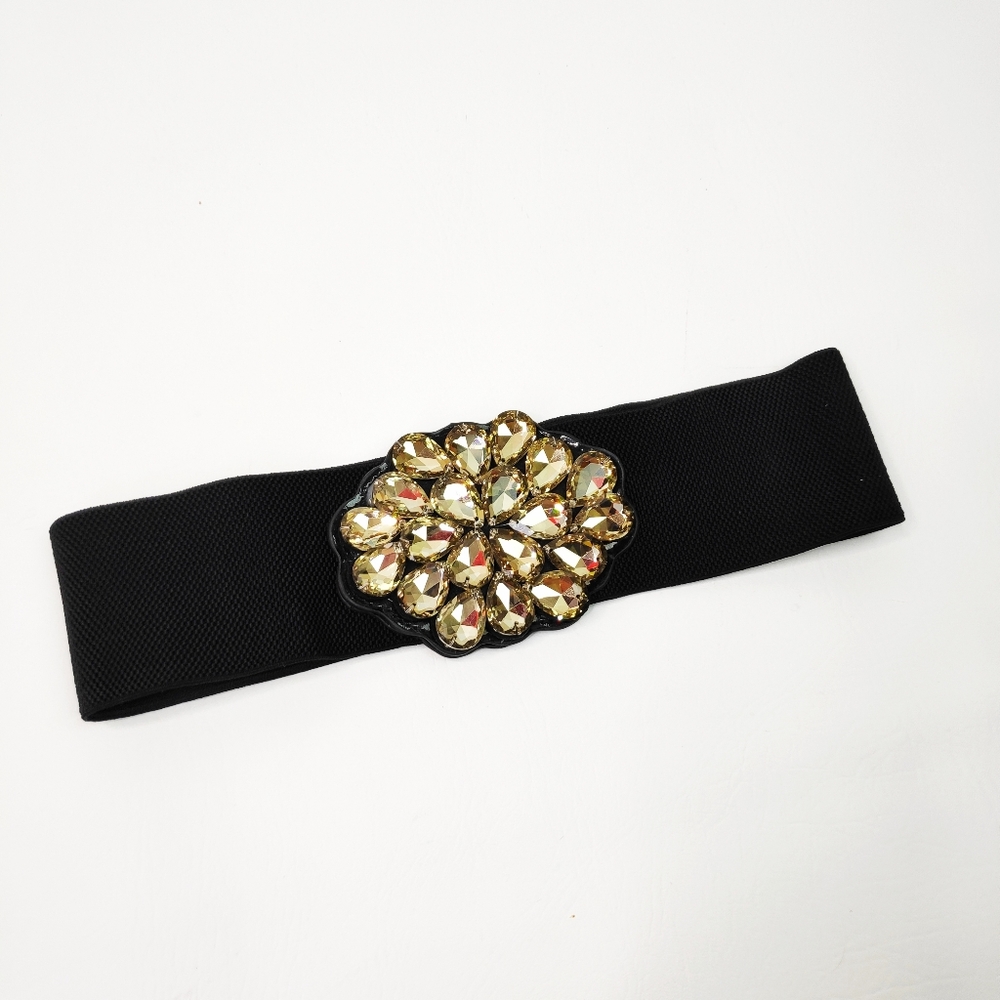 Black Stretch Belt With Large Amber Crystals M / L - Picture 1 of 6